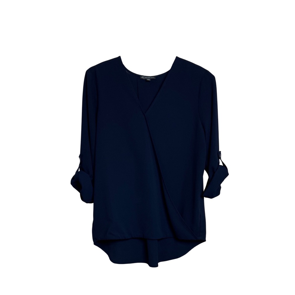 Adrianna Papell Blouse Women Small Navy Faux Wrap V-Neck Roll Tab Sleeve Top F04